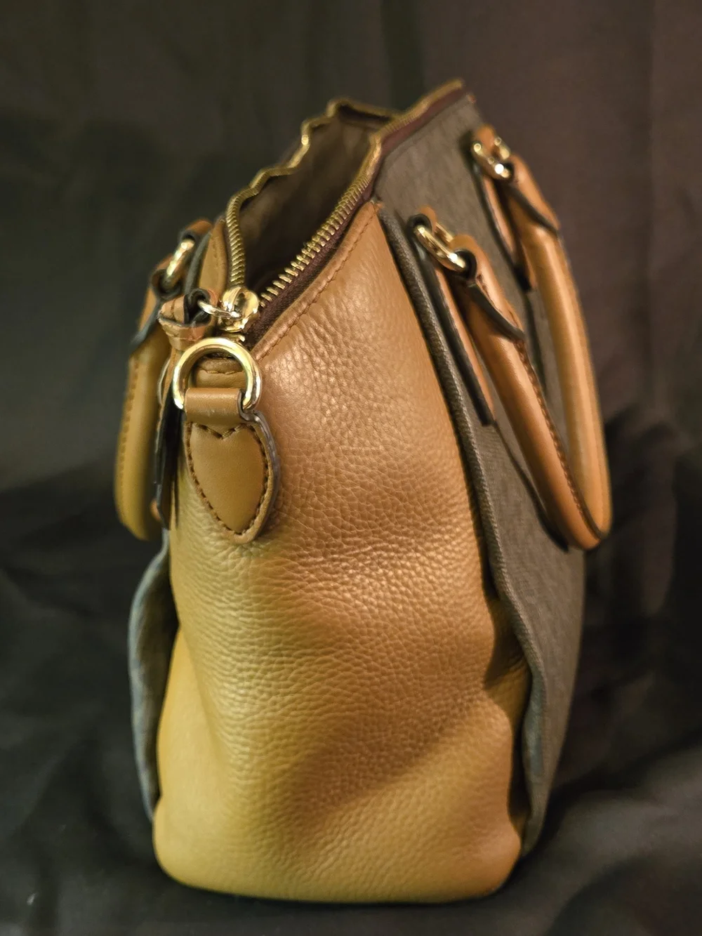 Michael Kors Tan and Black Signature Satchel with Gold Hardware